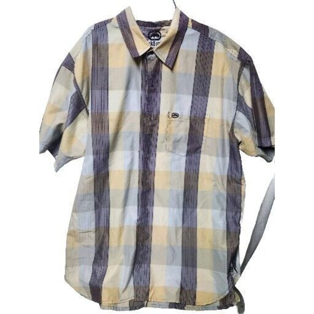 Ecko Unltd Mens Size 3XL Button Down Brown Plaid Short Sleeve Flaw On Shirt